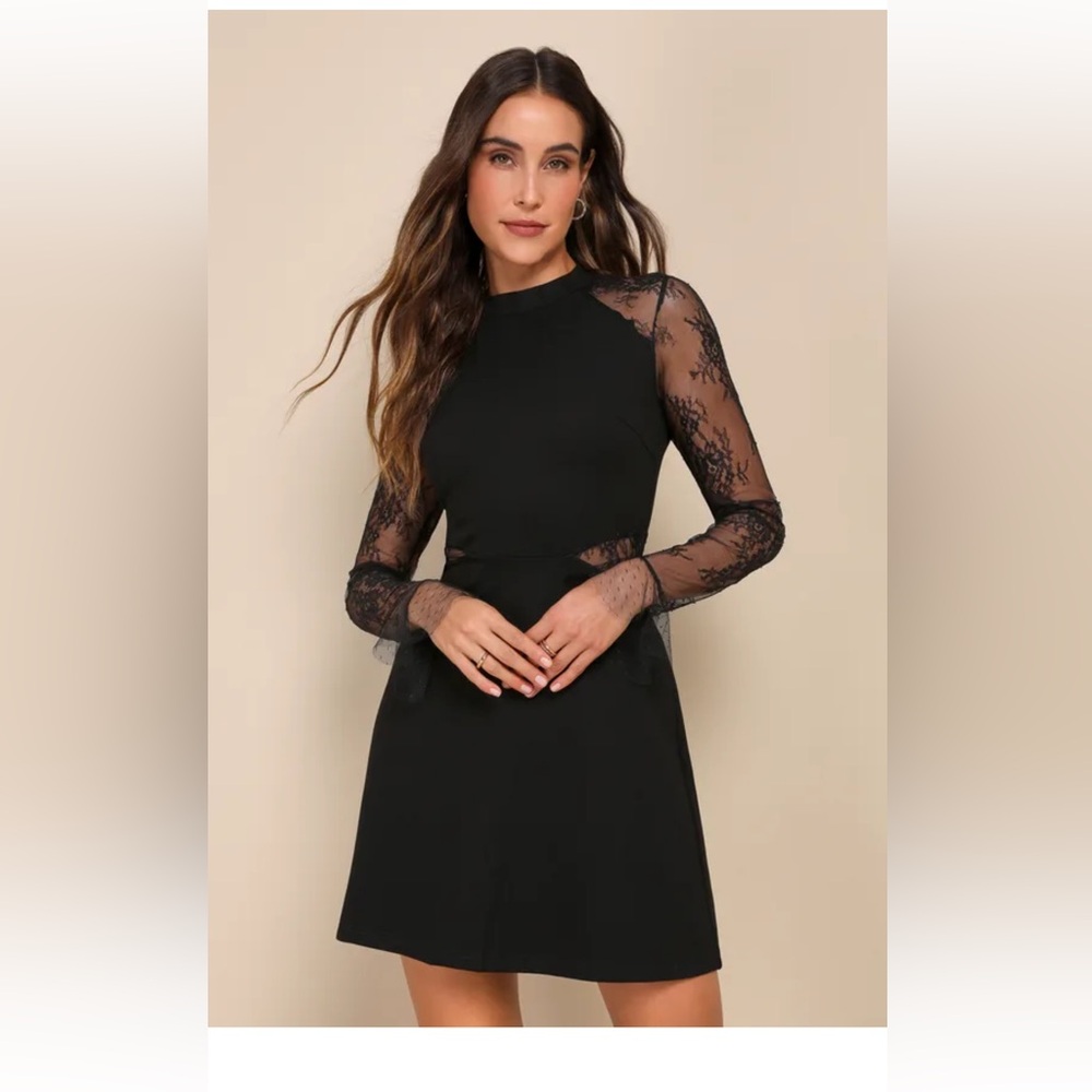 Lulus Bragging Rights Black Lace Long Sleeve Skater Dress - Size XS